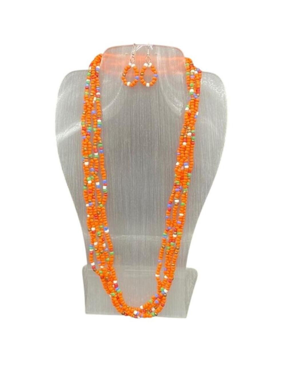 Orange Maasai Multi Strand Beaded Necklace Earrings Set African Jewelry-New